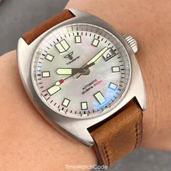 Tandorio Turtle Automatic Watch for Men NH35 PT5000 Movt Swim Mother of Pearl Dial AR Coating Sapphire 20BAR Waterproof 36mm