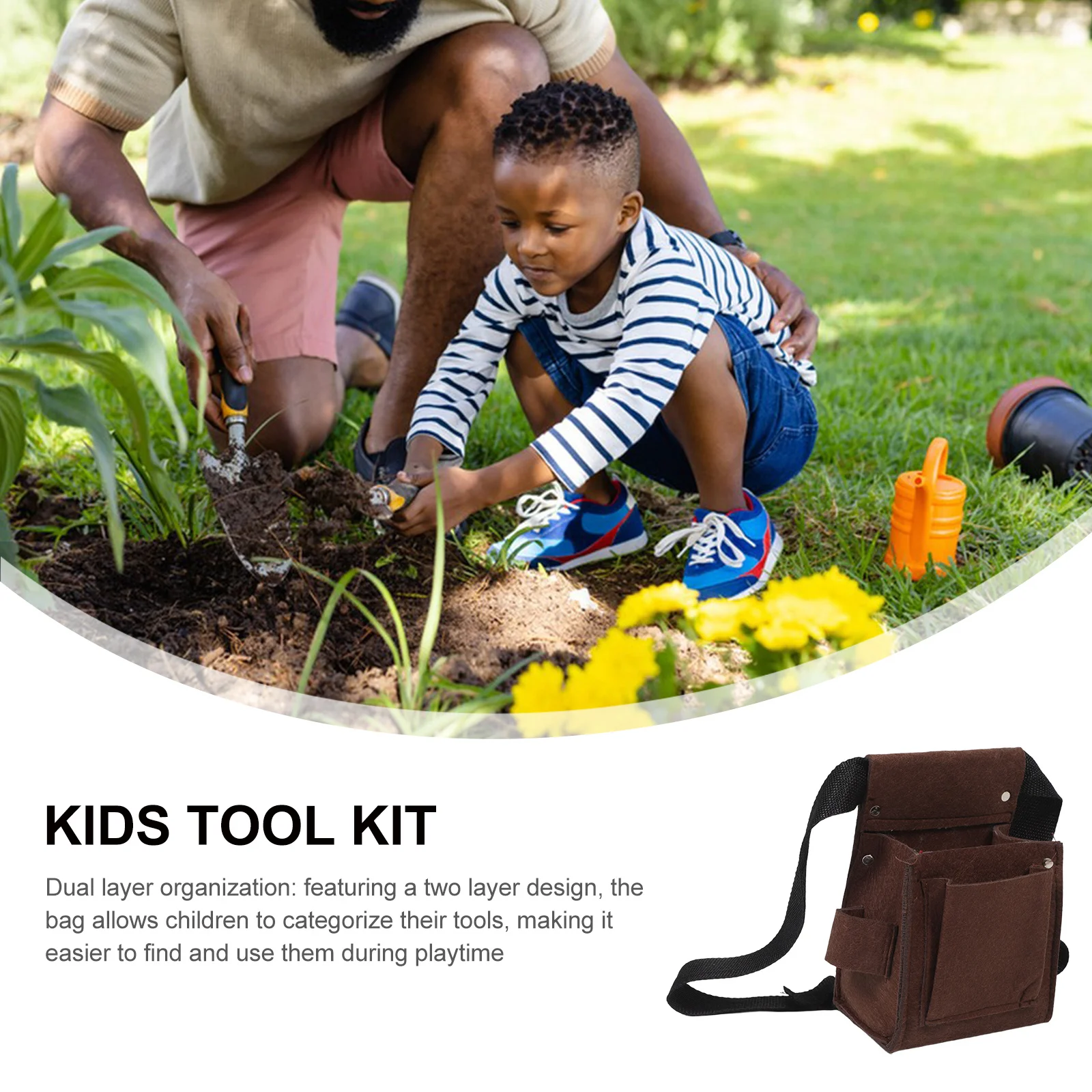 子供用ガーデニングツールバッグセット 二層オーガナイザー 調節可能なウエストキャリー ポータブル 自然活動用 掘削キット 子供用
