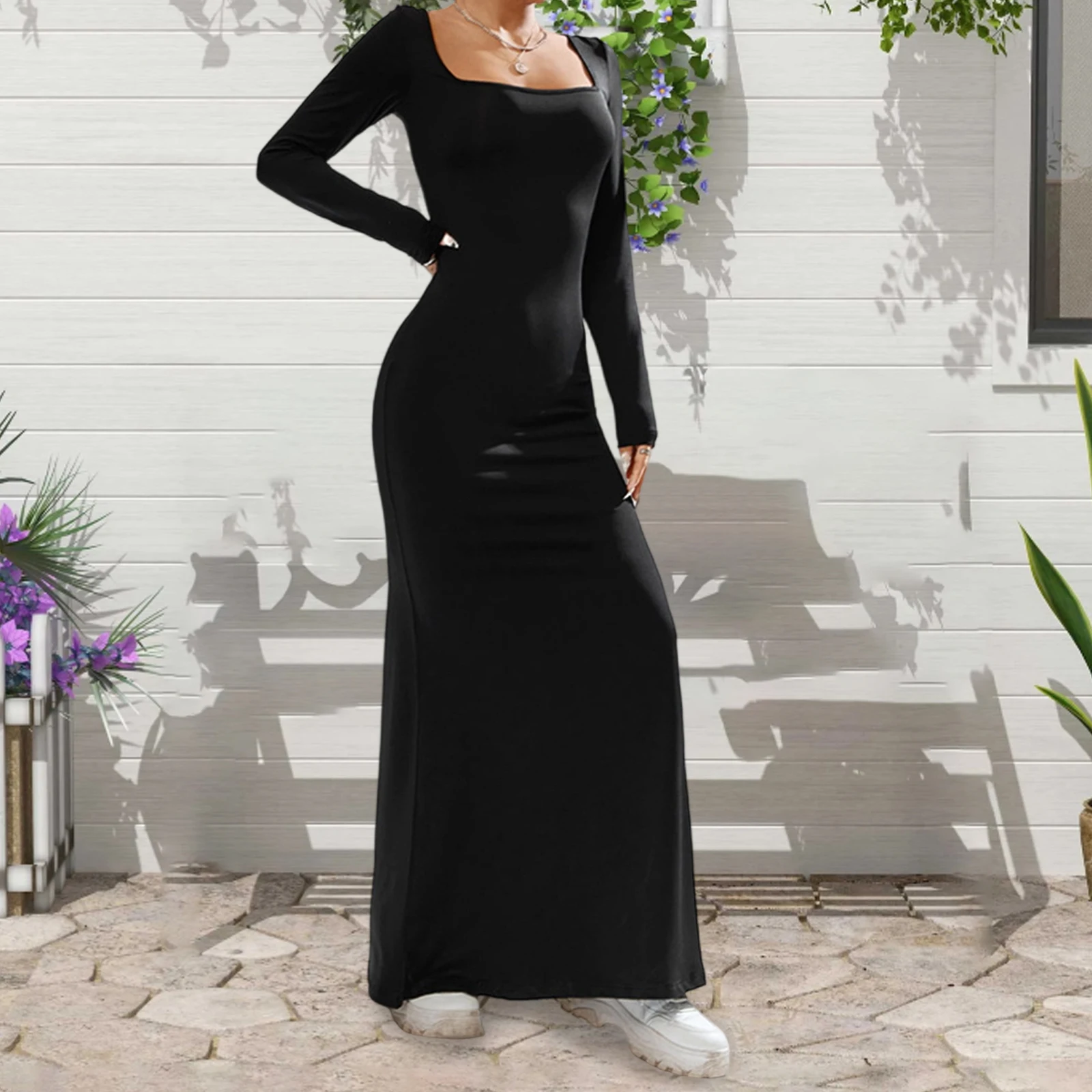 Damska dopasowana sukienka dzianinowa z długim rękawem, kwadratowy dekolt, jednolity kolor, eleganckie sukienki koktajlowe, odzież klubowa