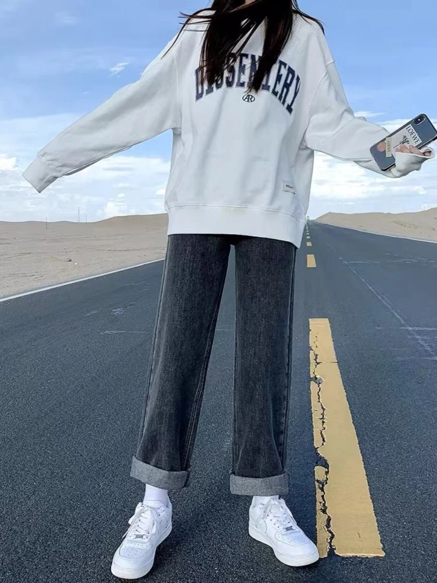 High Waist Wide Leg Denim Jeans Women's Spring Autumn Vintage Student Small Size Loose Versatile Slimming Straight Cut Pants