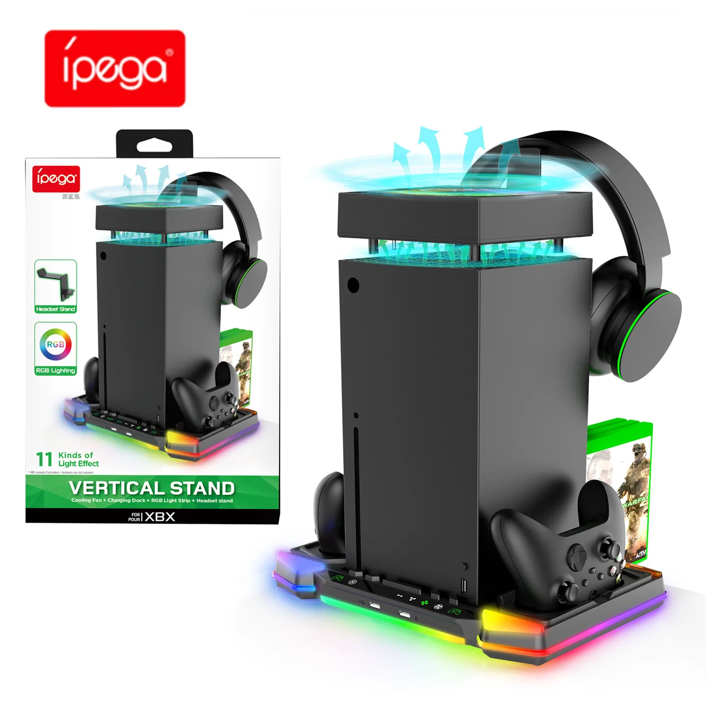 قاعدة تبريد مع أضواء RBG وحدة تخزين بطاقة شحن بمقبض مزدوج لوحدة تحكم ألعاب Xbox Series X