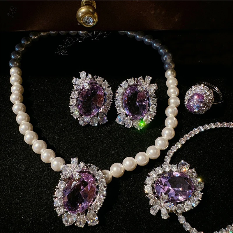 Lavender Flower Purple Gemstone Series Pearl Necklace Open Ring Earring Pin and Bracelet Chain for Women Garment Accessories