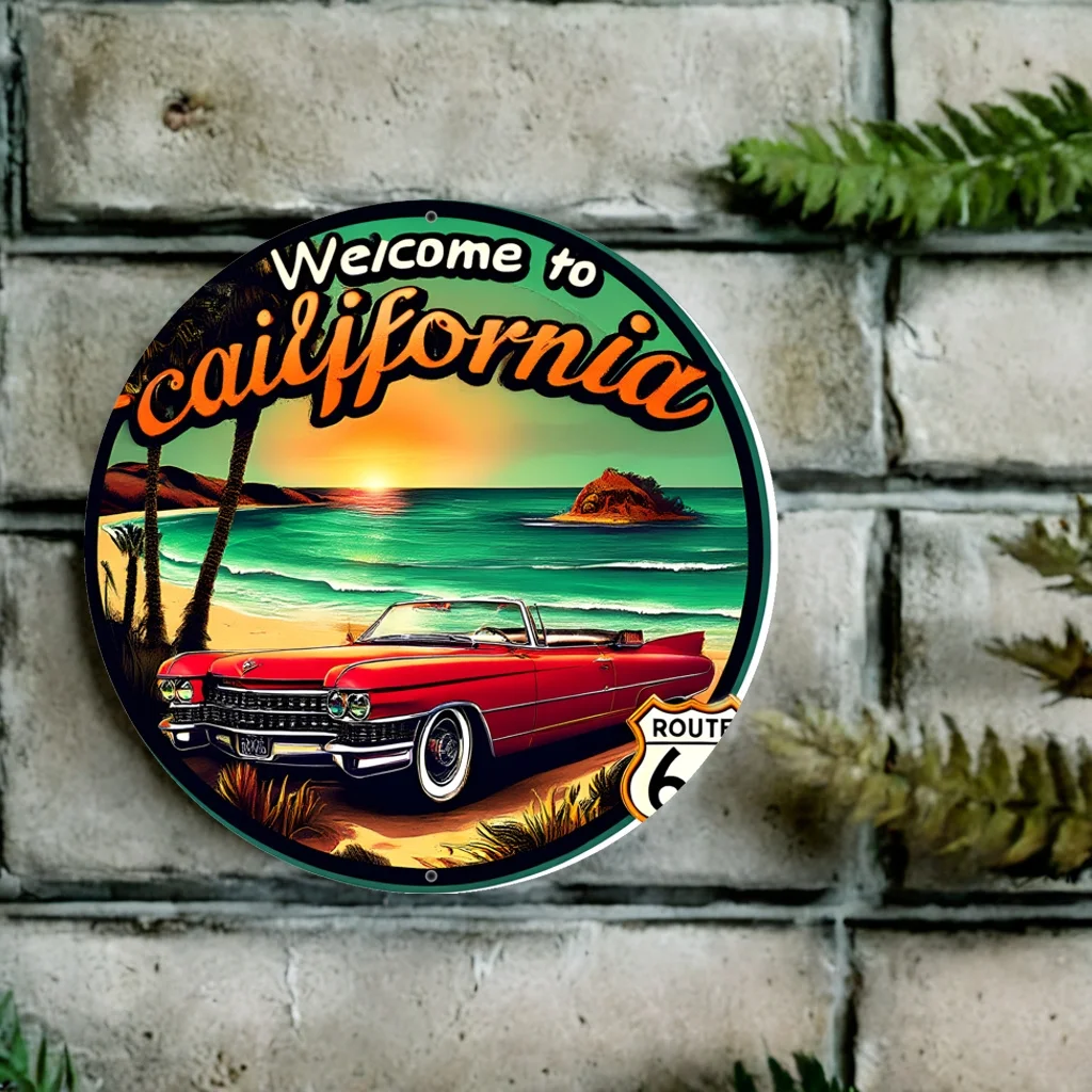 2D Flat, Vintage Metal Wall Sign - Red Automobile & Seaside Background Circular Aluminum Plaque Suitable for Home, Garage, Bar