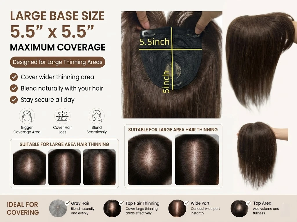 Thicker Real Human Hair Toppers for Women with Thinning Hair Straight Hair with Bangs Clips in Piece for Hair Loss Coverage