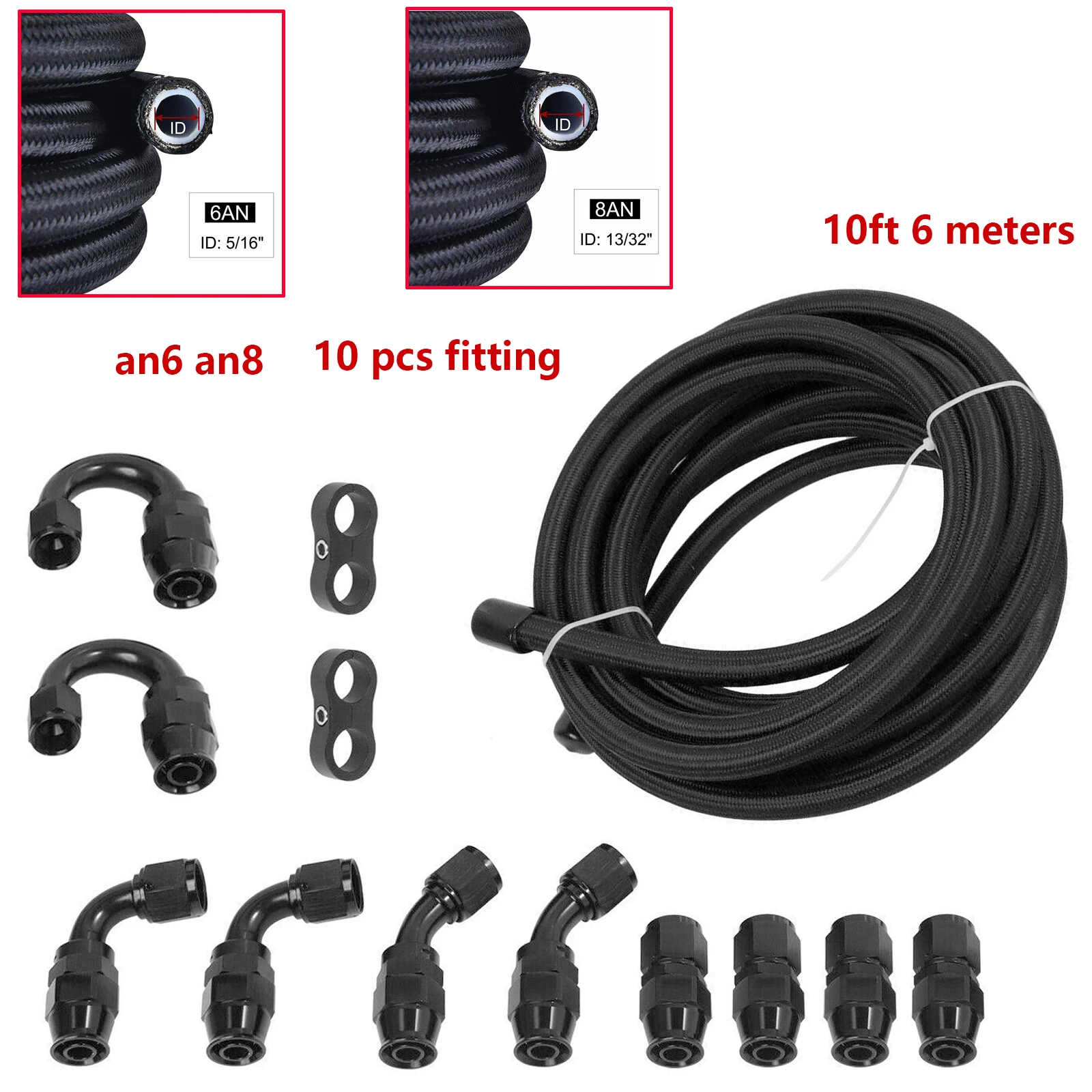 Black AN6 AN8 20ft Nylon Braided PTFE Fuel Line Black Kit w/ 10 PTFE Fuel Hose Fitting Adapter Kit For E85