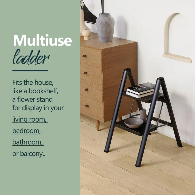 2 Step Ladder, Step Stool Foldable with Wide Pedals, Portable Stepping Stool for Adults,Sturdy Steel Ladders for Home with-Black