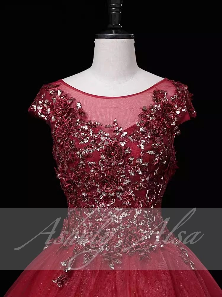 Vestidos de fiesta de boda para mujer, apliques de flores con cuello redondo, corsé hinchado, ocasión de cumpleaños, vestido de graduación, quinceañera, rojo vino mexicano, 15, 16