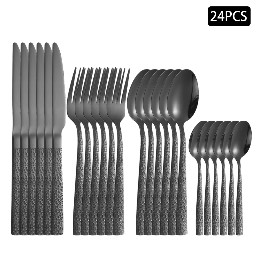 4/6/16/24pcs Stainless steel black cutlery set Square handle snakeskin cutlery Household knife, fork and spoon combination