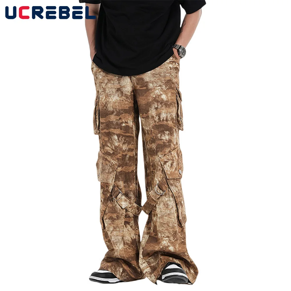 

Tie-dye Cargo Pants Mens Multi-Pocket Retro High Street Loose Wide Leg Pants Men Baggy Trousers