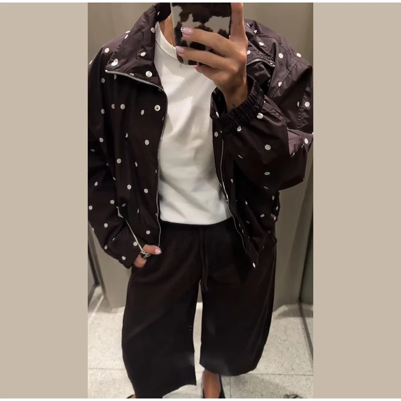 Damen Oversize-Mäntel mit Polka-Dot-Muster, Stehkragen, Langarm, Reißverschluss, Bomberjacken, Herbst, Damen, geraffte, lockere Jacke, neue Oberbekleidung – Detail 6