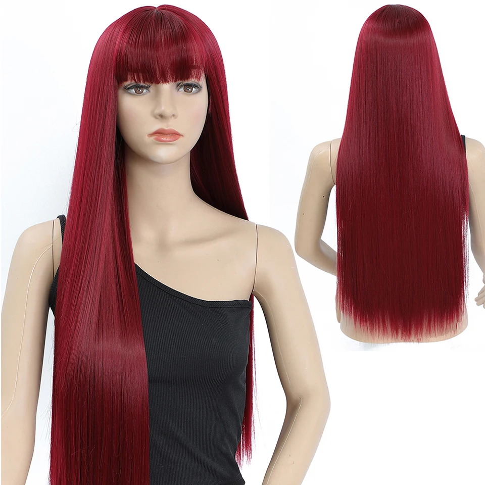 32 Inch Long Straight Wigs with Bangs Synthetic No Lace Wig for Women Heat Resistant Natural Looking Hair Wig for Party Cosplay