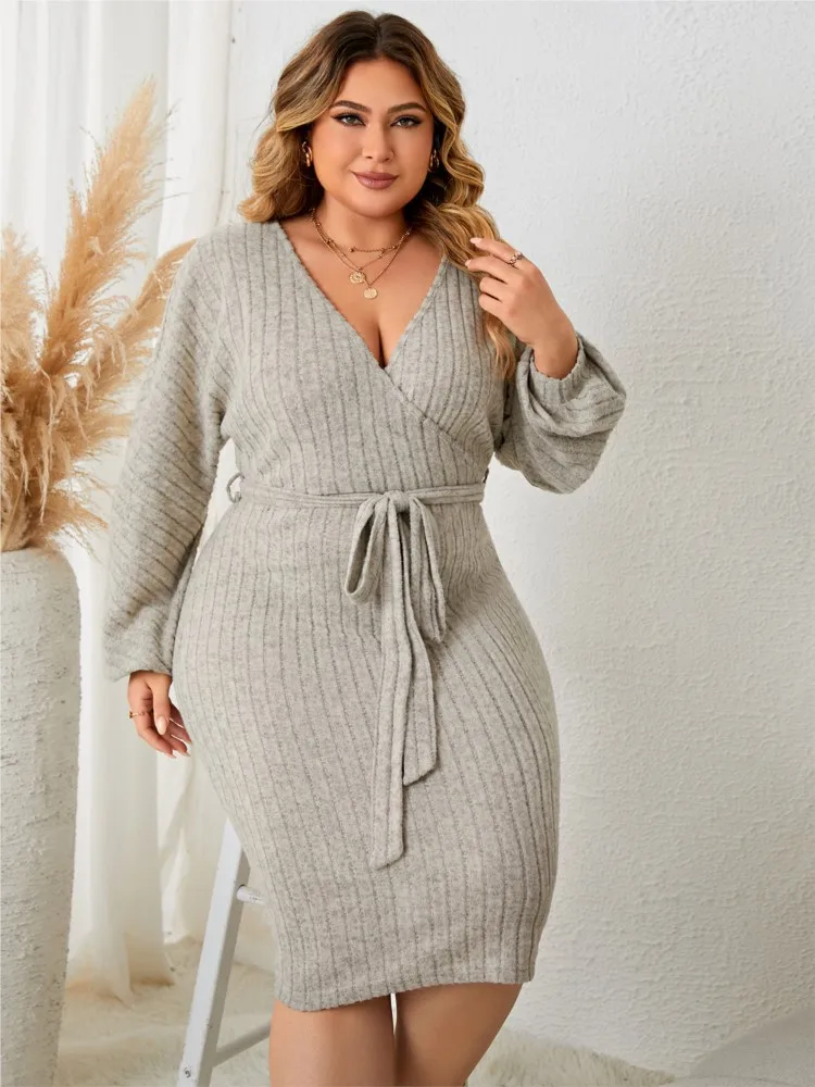 Plus Size Knitted V-Neck Autumn Winter Midi Dress Women Bodycon Fashion Bow Ladies Dresses Long Sleeve Woman Sweater Dress 2023