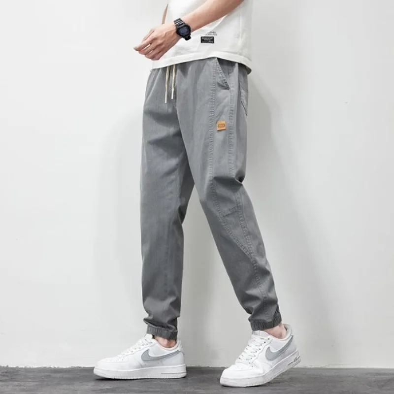 Mens Drawstring Elastic Waist Jogger Pants Small Patch Decor Ankle Cuff Loose Casual Sport Trousers