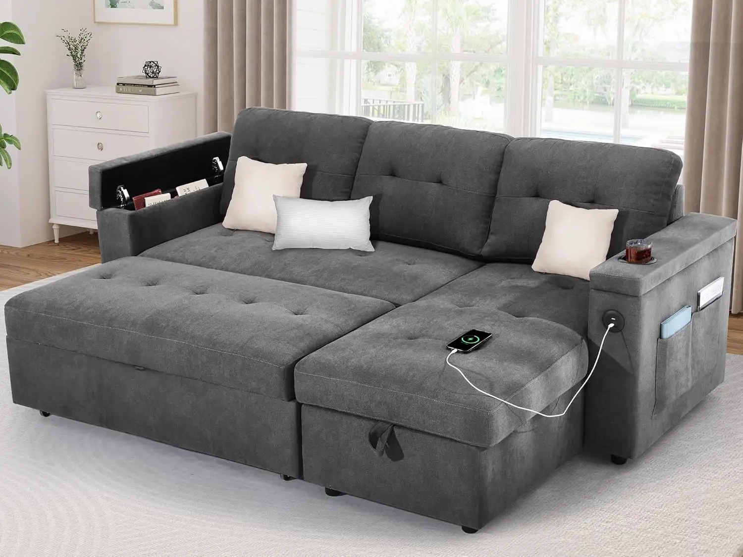 Dwvo Sectional Sofa Bed, Sleeper Sofa, Pull Out Couch With Usb Ports, L-Shaped Sectional Couch, Reversible Couch Bed With