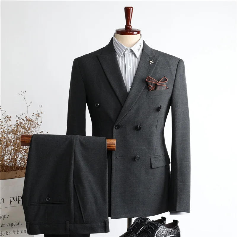 Traje personalizado para hombre, de doble botonadura traje gris, ropa profesional informal de negocios, vestido de boda, a la moda, 22