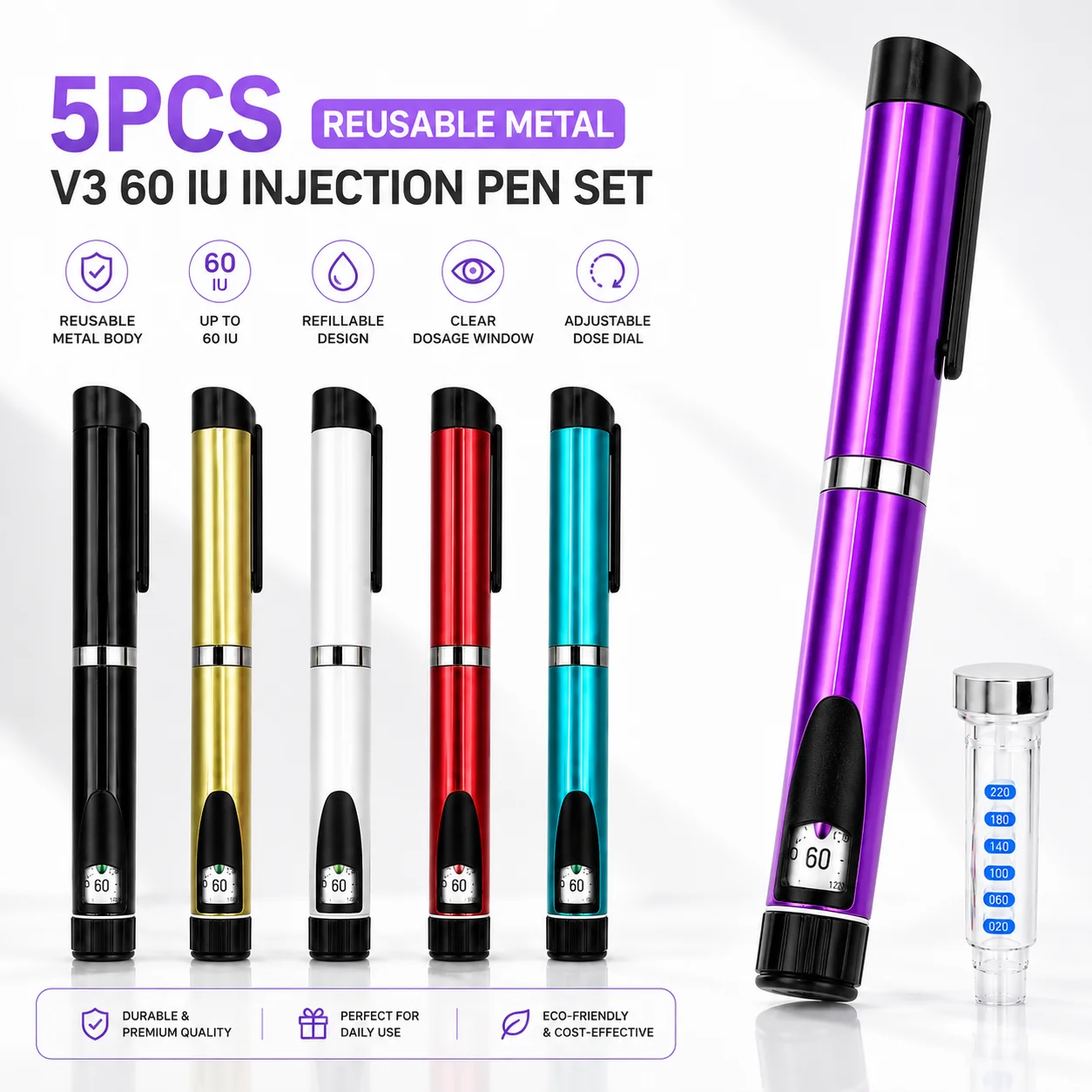 5Pcs Reusable V3 Injection Pen Set Metal Upgrade 60IU Refillable Adjustable Dose Pen Injector Compatible with 3mL Cartridge