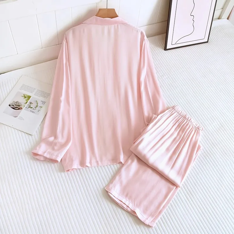 Couple Cotton Silk Pajamas Women's Summer Satin Rayon Long-sleeved Trousers 2 Pcs Set Solid Color Men's Loungewear Thin Set