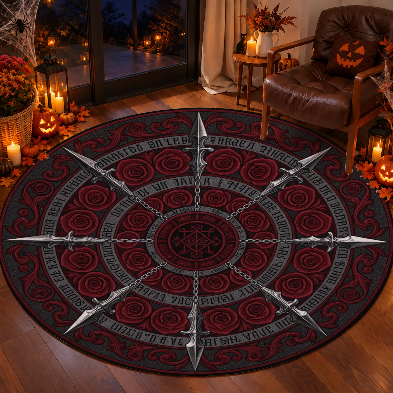 Gothic Red Rose Circular Pattern Round Velvet Area Rug, Machine Washable, Suitable for Living Room, Bedroom, Entryway, Dining Room, Ideal for Halloween, Thanksgiving, Christmas, New Year Home Decor