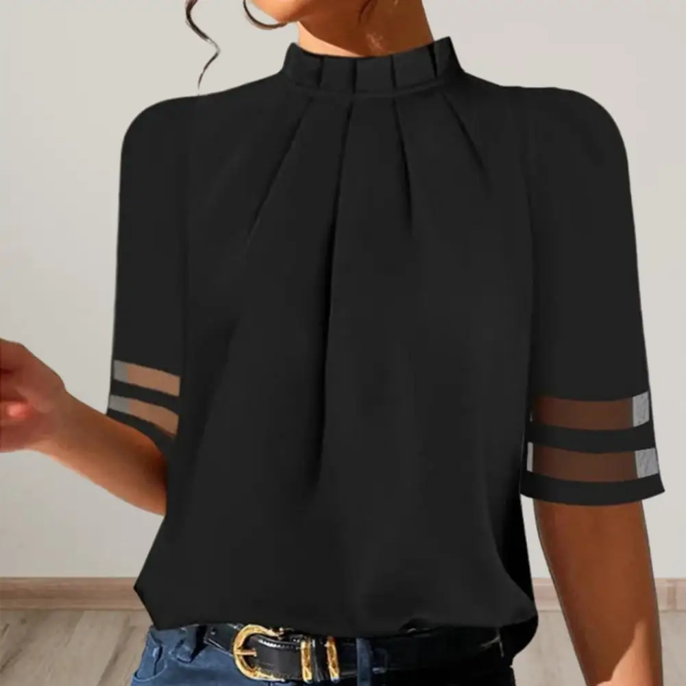 Elegante Vrouwen Top Effen Kleur Top Chique Kantoor Dame Blouses Dames Halve Mouw Pullover Tops Met Hoge Kraag Mesh Voor Een