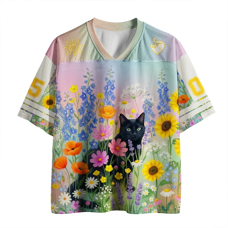 Oil Painting Style Flower Cluster Black Cat Print V-neck Short Sleeved Mesh Breathable and Fresh Summer Short Sleeved Shirt