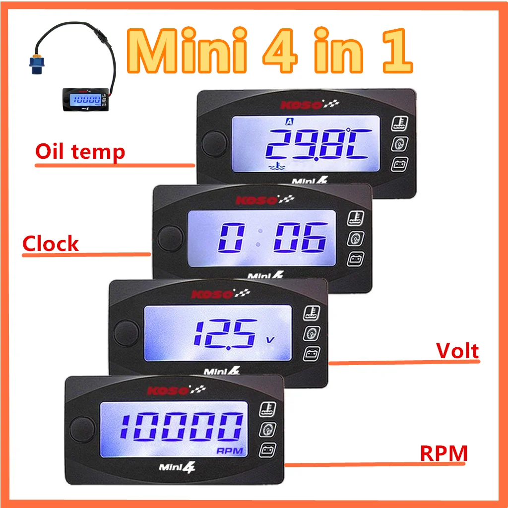 koso Oil Temperature meter Motorcycles 4 in 1 oil temperature Voltage Time RPM Tachometer LCD Digital Display meter For Yamaha S