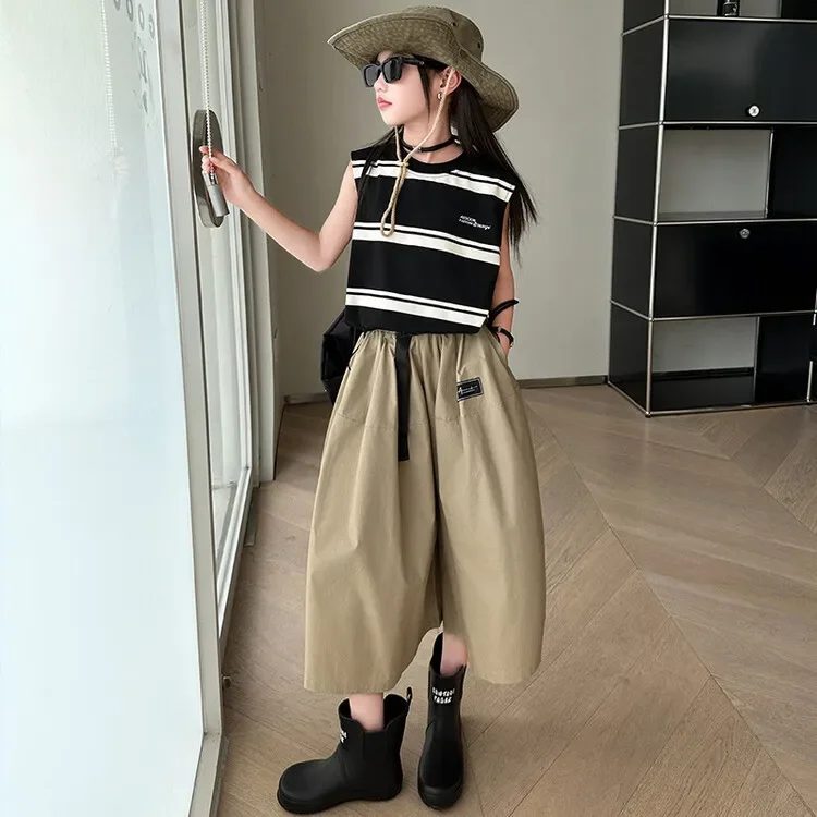 

Summer Fashion Striped Vest and Loose Wide Leg Pantskirt Suit Teen Kids Clothes Casual Children Outfits Girls Clothing Sets