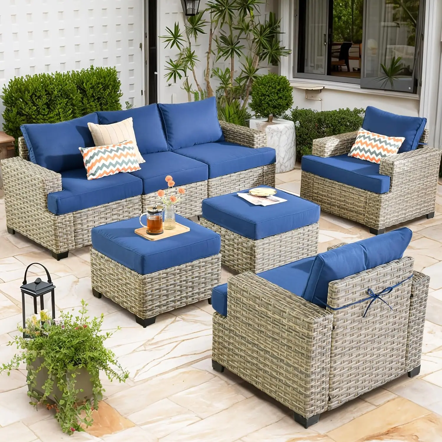 Patio Furniture Sets Outdoor Sectional Rattan Sofa Manual Weaving Wicker Patio Conversation Set with Ottomans and T Cushion