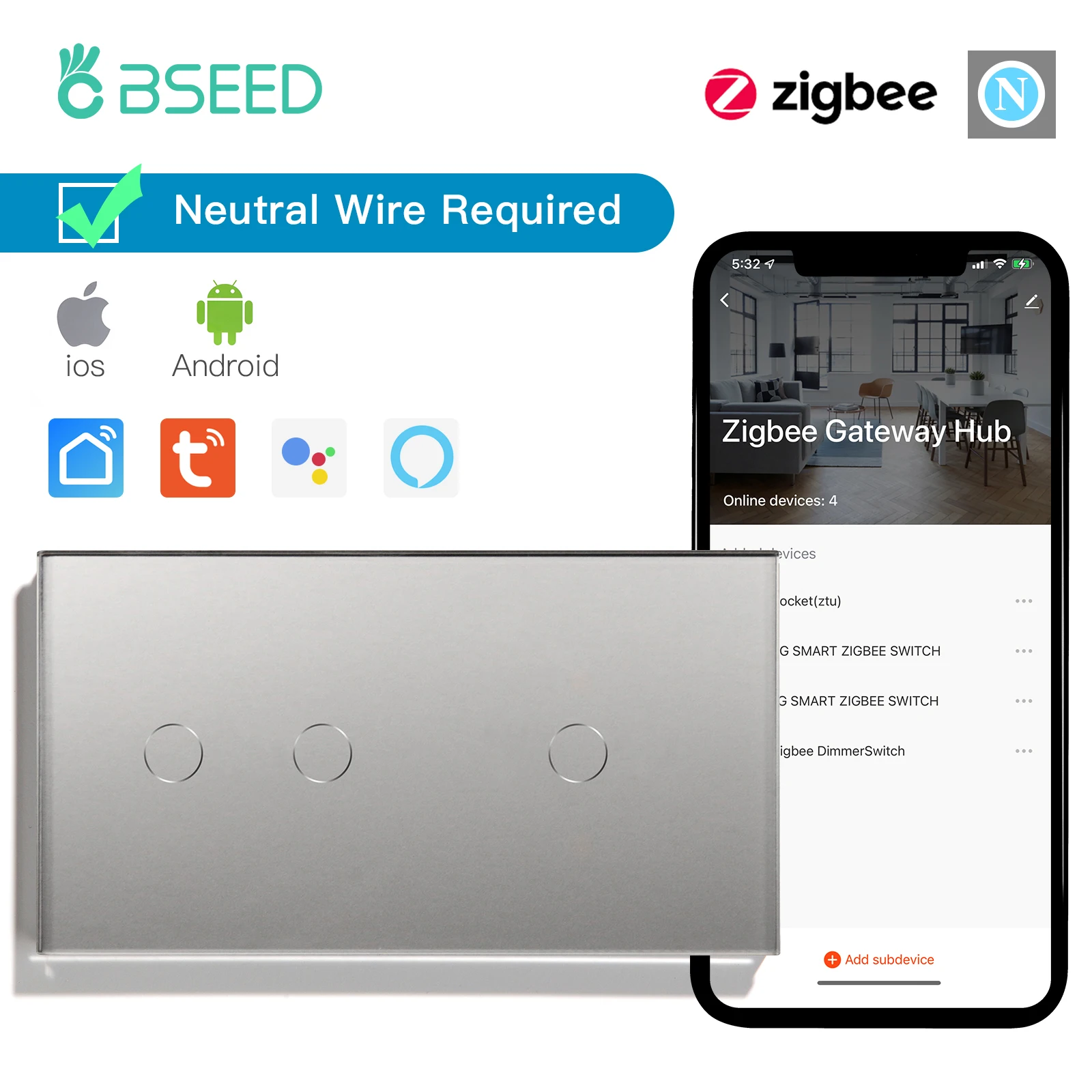 BSEED Zigbee 1/2/3Gang Touch Smart Switches 1/2/3Way Tuya Smart Life App-Steuerung mit EU-Wandsteckdosen, graue Serie 4