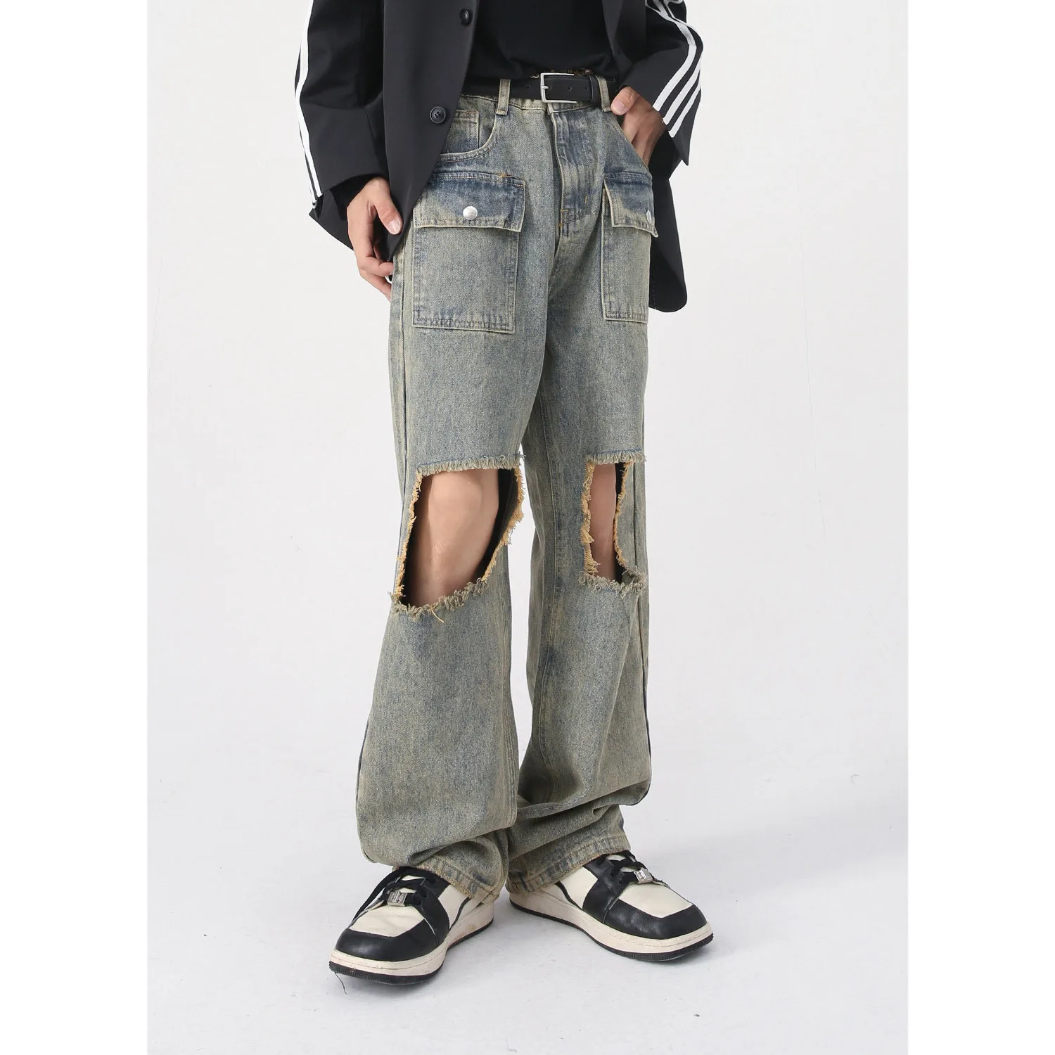 Knee big hole multi-pocket retro old washed straight denim trousers for men and women