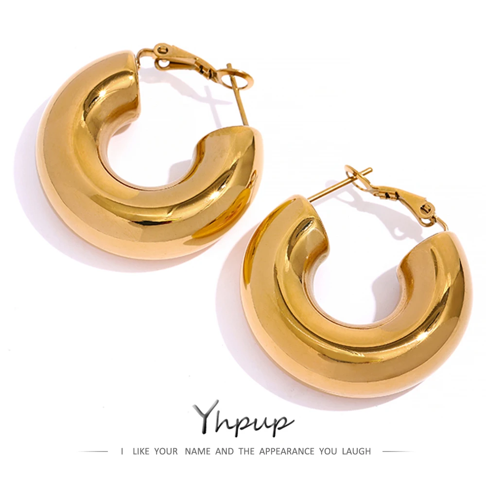 Yhpup  Chunky Stainless Steel Golden Minimalist Hoop Earrings Temperament Fashion Charm Trendy Jewelry for Women Party