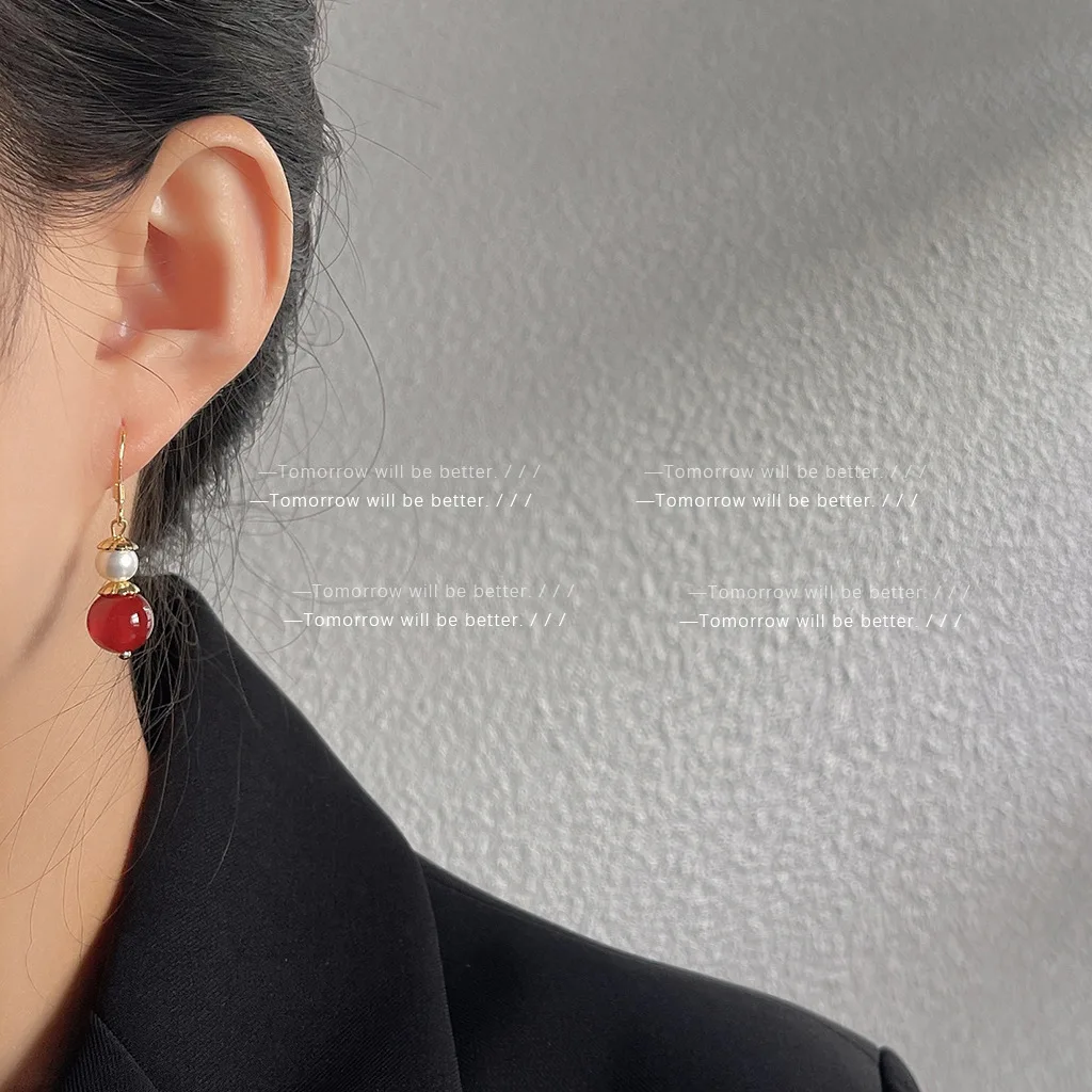 خمر نمط اللؤلؤ العقيق الأحمر أقراط النساء يدويا أنيقة الحب الفول استرخى أقراط بالجملة #2