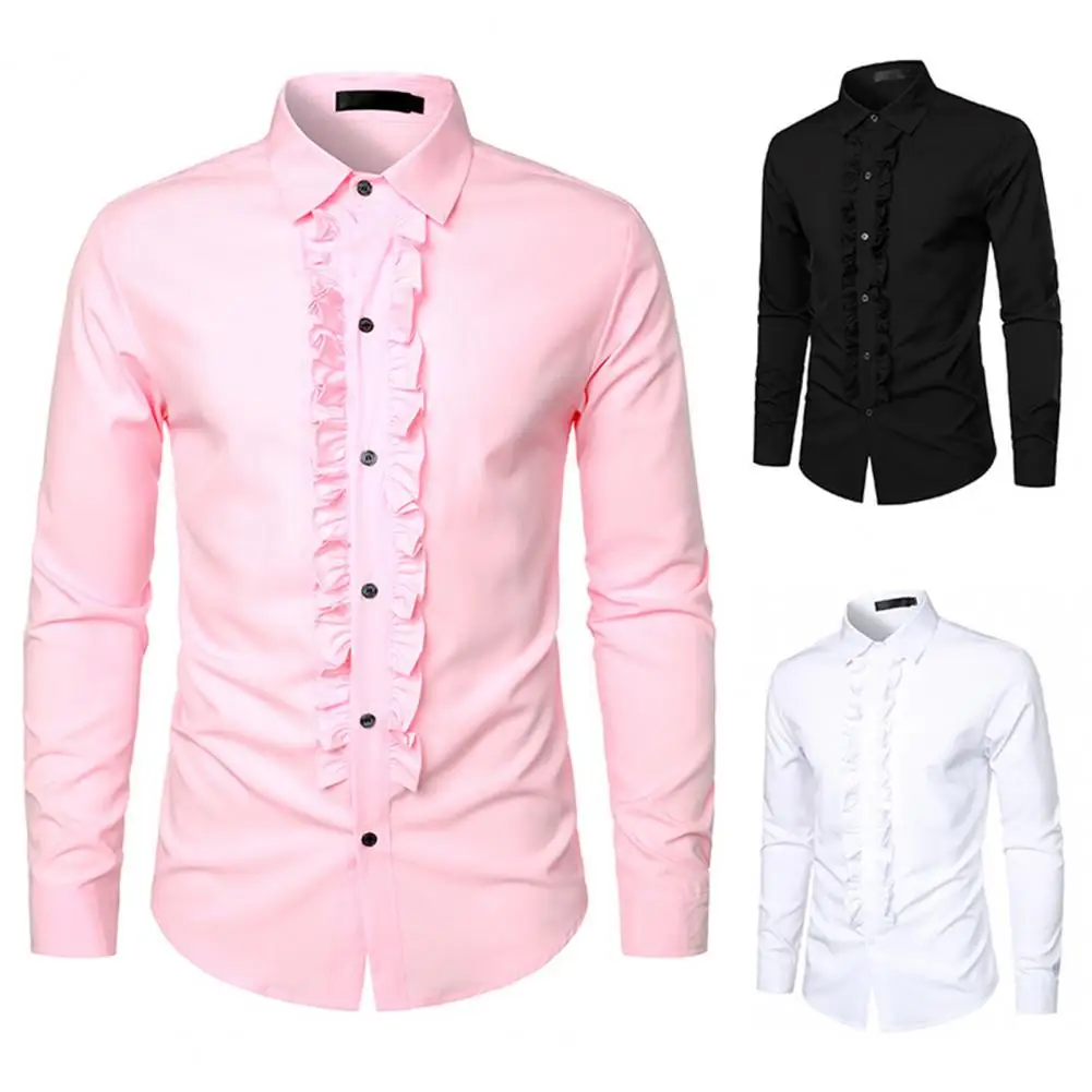 

Men Slim Fit Shirt Style Ruffle Patchwork Men's Shirt Slim Fit Lapel Collar Long Sleeve Performance Top for Formal Events Style