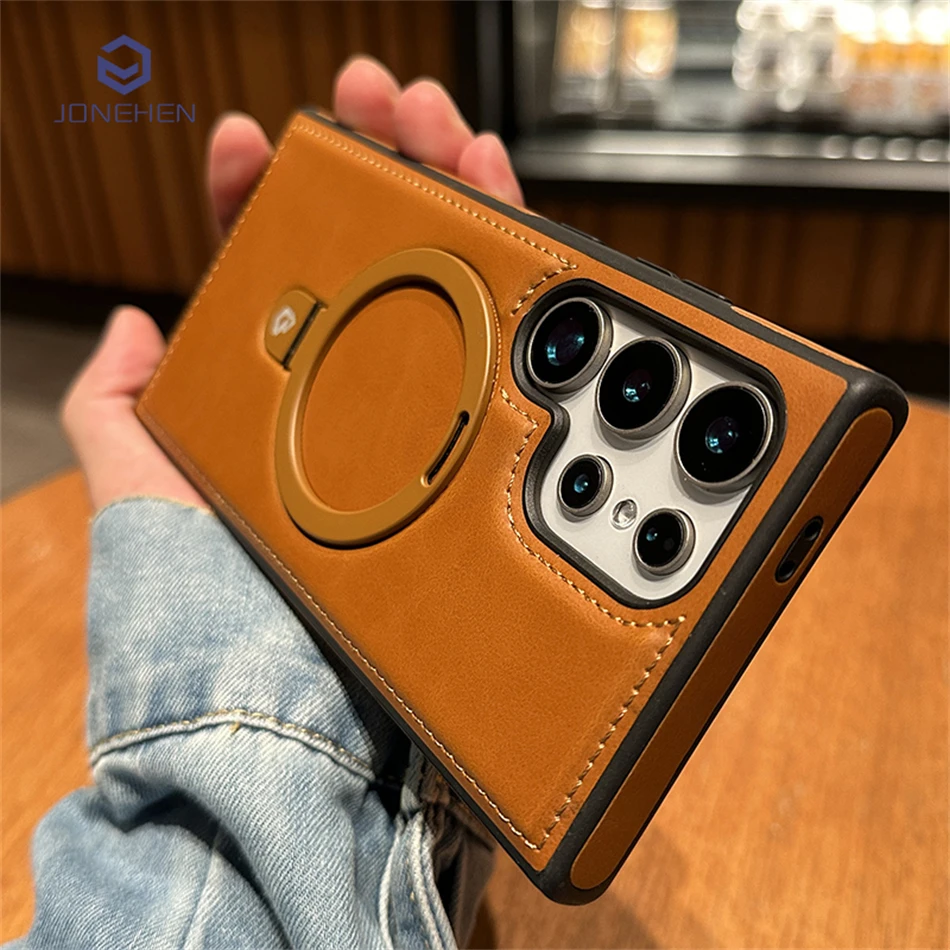 Business Retro Leder Halter Magnetische Fall Für Samsung Galaxy S25 S24 Ultra S23 S22 Plus Drahtlose Stoßfest Abdeckung Für Magsafe