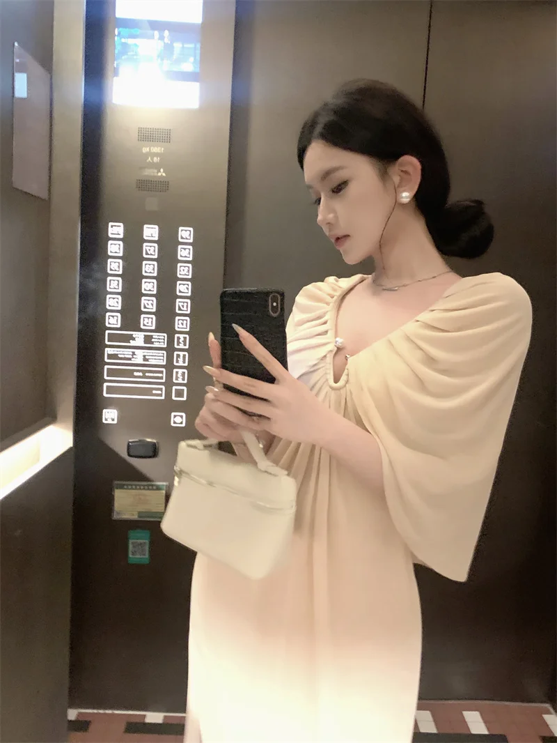 Autumn French Elegant Fashion Long Evening Gown Women's V-neck Shawl Cloak Sleeve Dating Dress High-street Casual Party Dress