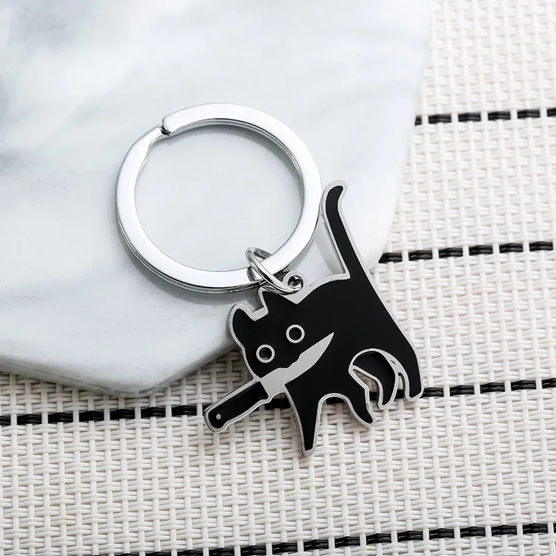 Cute Cat Keychain Titanium Steel Kpop Funny Black Lighting Cat Key Pendant Backpack Car Key Ring Hanging Jewelry Decoration image 3