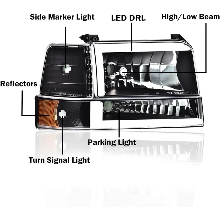 مجموعة المصابيح الأمامية LED DRL للمصابيح الأمامية الأمامية مع إشارة الزاوية لسيارة Ford F150 Bronco F250 F350 19921997 المركبات Clear Le #3