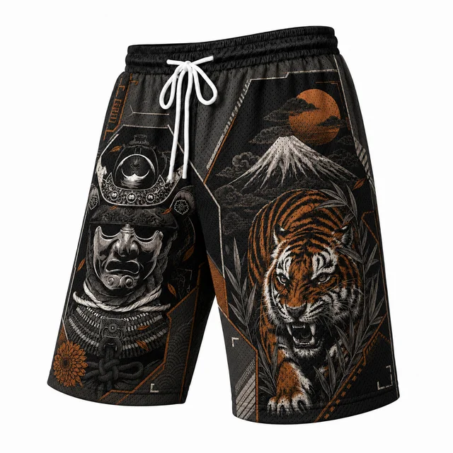 Japanese Samurai Mask and Fierce Tiger Pattern Fight Shorts—featuring A Drawstring; Suitable for MMA, BJJ, and Fitness Training.