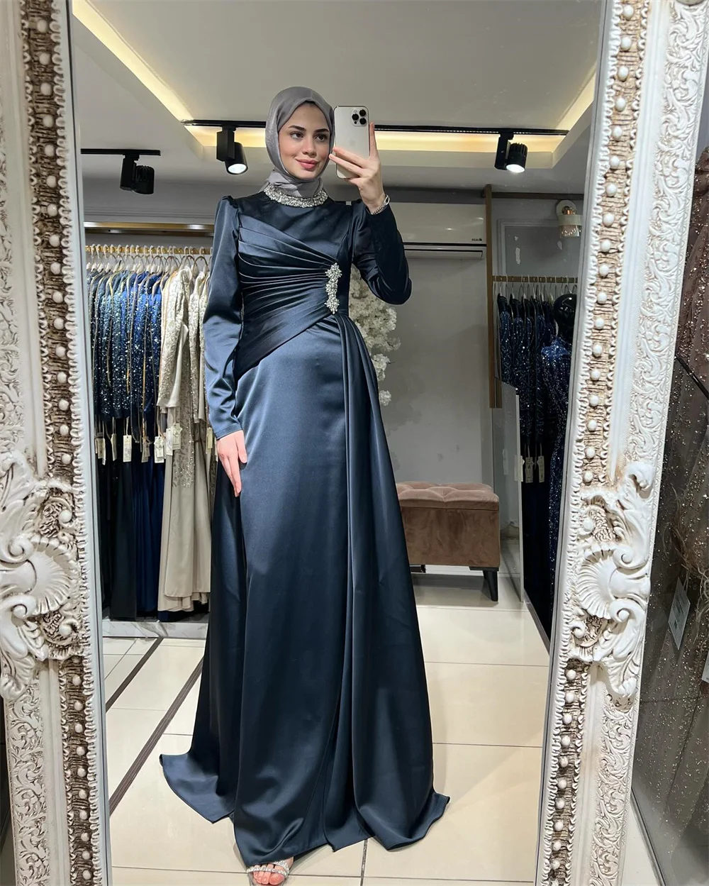 Cathy Navy Blue Satin فساتين سهرة High Neck A-line Modest Prom Dresses Elegant Long Sleeves Detachable Train Saudi Arabia 2024