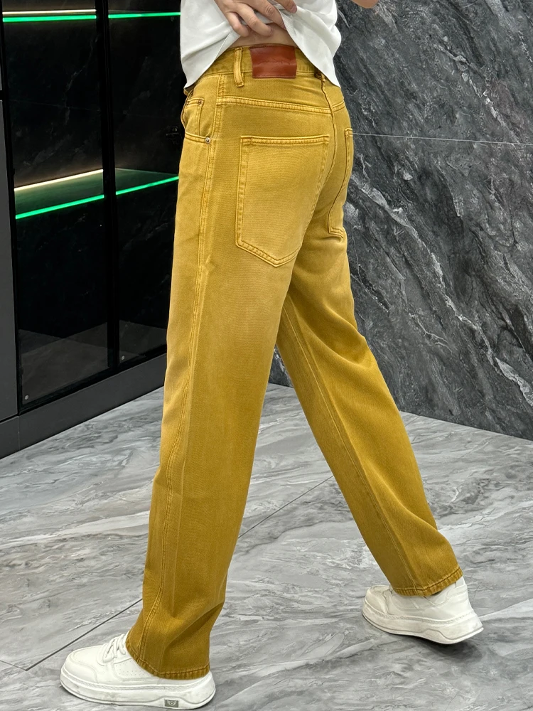 Fashionable Yellow Jeans Men's Casual Straight Leg Loose Fit Long Trousers Autumn New Style Comfortable Versatile Cotton Blend
