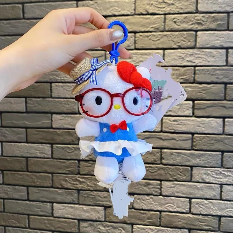 New Hello Kitty Kawaii Straw Hat Glasses Cute Plush Keychain Toy Bag Pendant Doll Decorations Birthday Gift For Girl