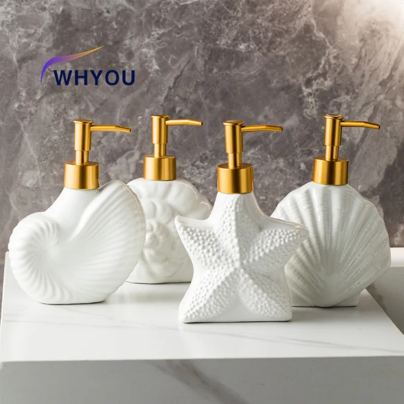 WHYOU-4Styles Scallop Emulsion Bottle, Ceramic Hand Washing Liquid Bottle, Soap Creative Dispenser, Bathroom Accessories, 1 Pc