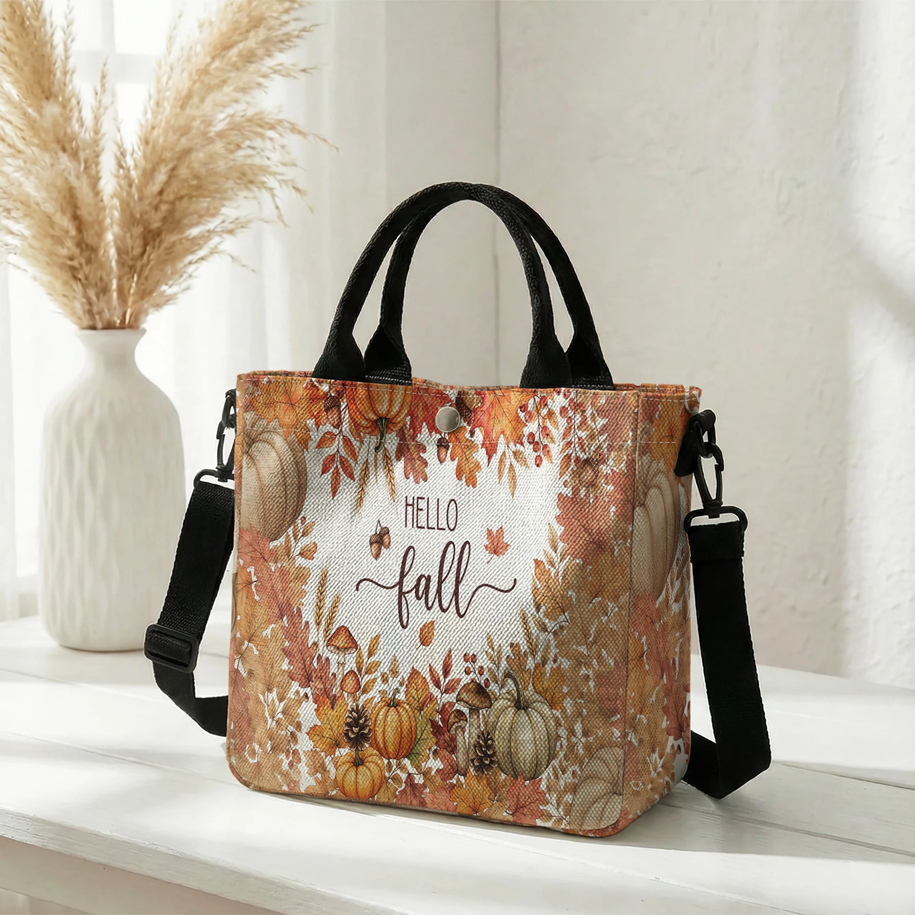 Pumpkin Maple Fall Wreath Print Tote Bag Large Capacity Shoulder Bag For Shopping Travel Daily Use