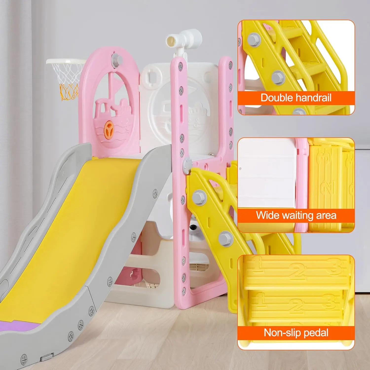 6in1 Toddler Playset Toddler Slide and Climber Playset Kids Slide with Basketball Hoop,Telescope & Storage Sturdy Indoor Outdoor