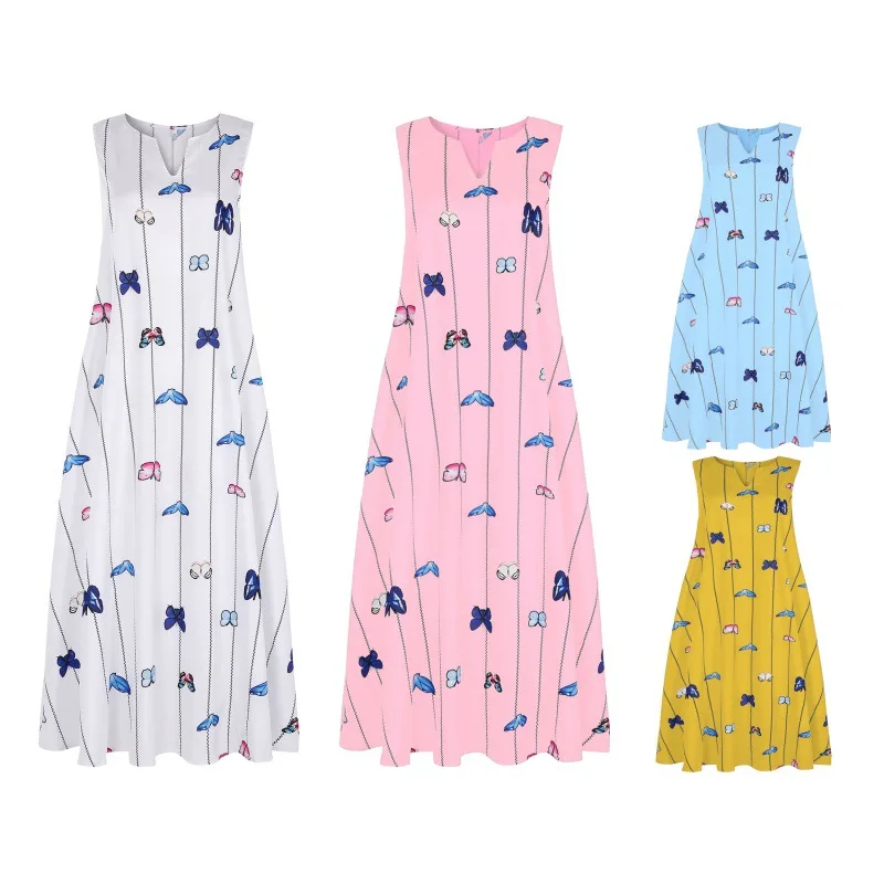 Dress Women Summer Butterfly Print V-neck Sleeveless Long Length Dresses A-line Casual Vestidos Cheap Clothing China JQMY9934