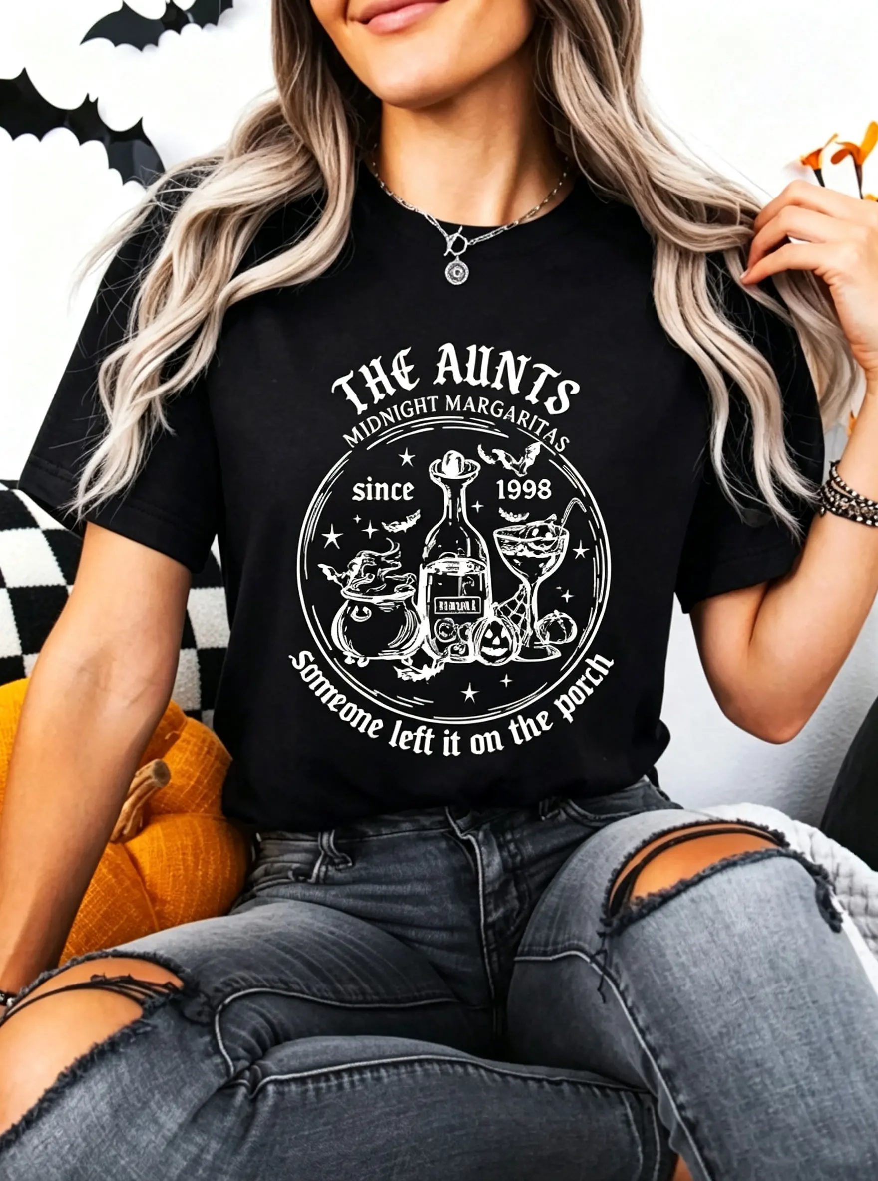 100% Cotton Women T‑Shirt The Aunts Midnight Margaritas Halloween Graphic Tee Funny Witch Pumpkin Print Multiple Colors Crew Neck Short Sleeve Party Casual Ladies Top