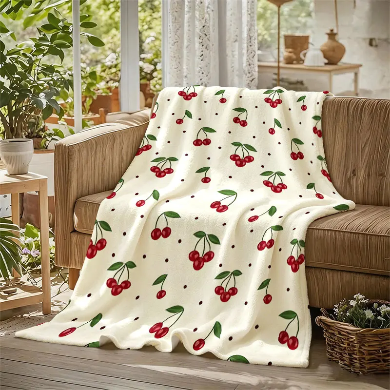 Cherries Polka Dots Cream Flannel Blanket Perfect for Sofa Office Bed Travel Sleep Read Relax Camping Four Season Use