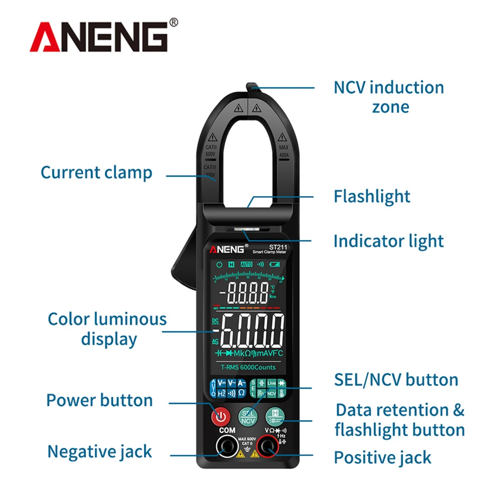 ANENG ST211 6000 Counts Digital Clamp Meter Multimeter AC DC Voltage Current Tester Car Amp Hz NCV Ohm Big Color Screen Test