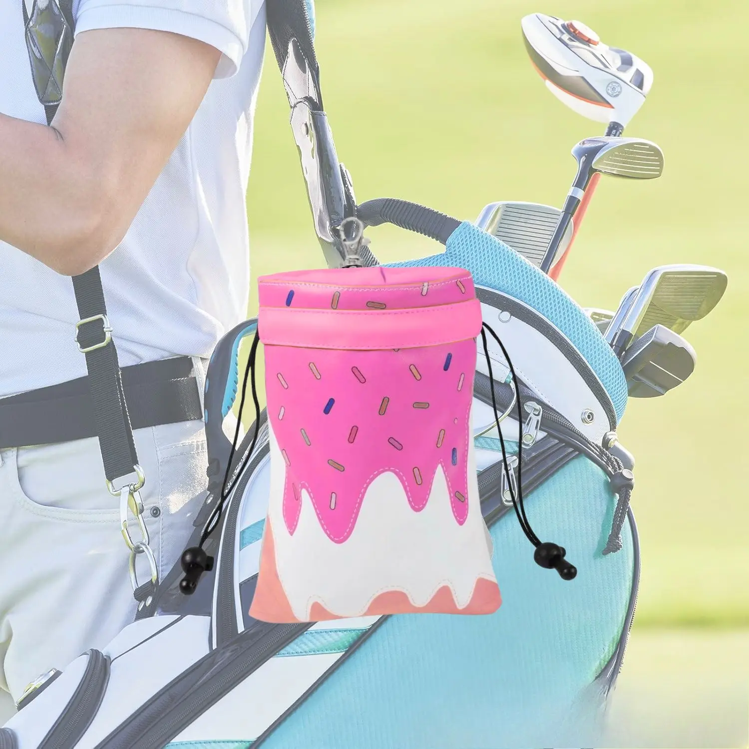 Ice Cream Golf Valuable Item Bag, Funny Golf Valuables Pouch Golf Tee Pattern, PU Leather Golf Tee Pouch with Drawstring Closure