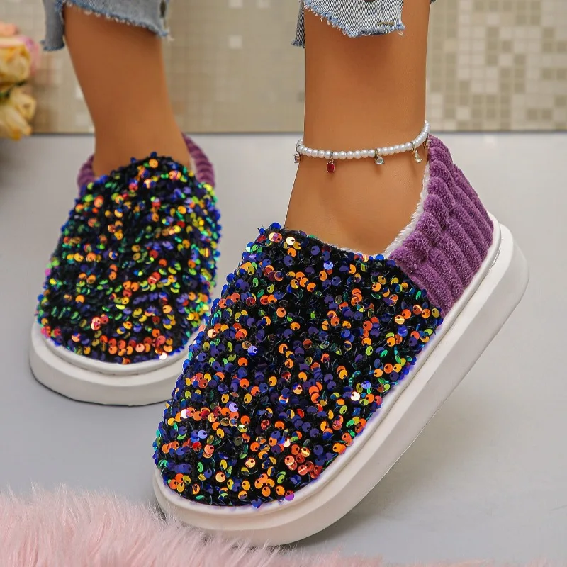 

Женские тапочки, зимние теплые плюшевые хлопковые туфли на плоской подошве, женские домашние пушистые шлепанцы на мягкой подошве, женские домашние меховые тапочки с блестящими пайетками