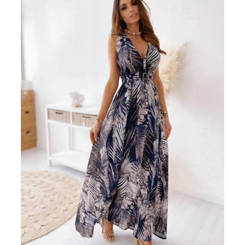 Summer New Comfortable, Casual, and Fashionable Fragmented Flower Print V-neck Open Back Tie Up Waist Wrap Dress   ワンピース　レディース